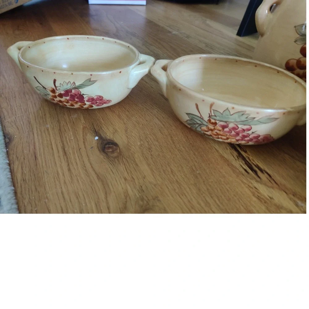 Tuscan Ceramic Soup Tureen Set 6pc Grapes Hand Painted Mustard Vintage China